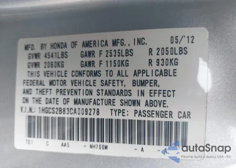 2012 Honda Accord 3.5 Ex-L из США, поврежденный, VIN 1HGCS2B83CA009278